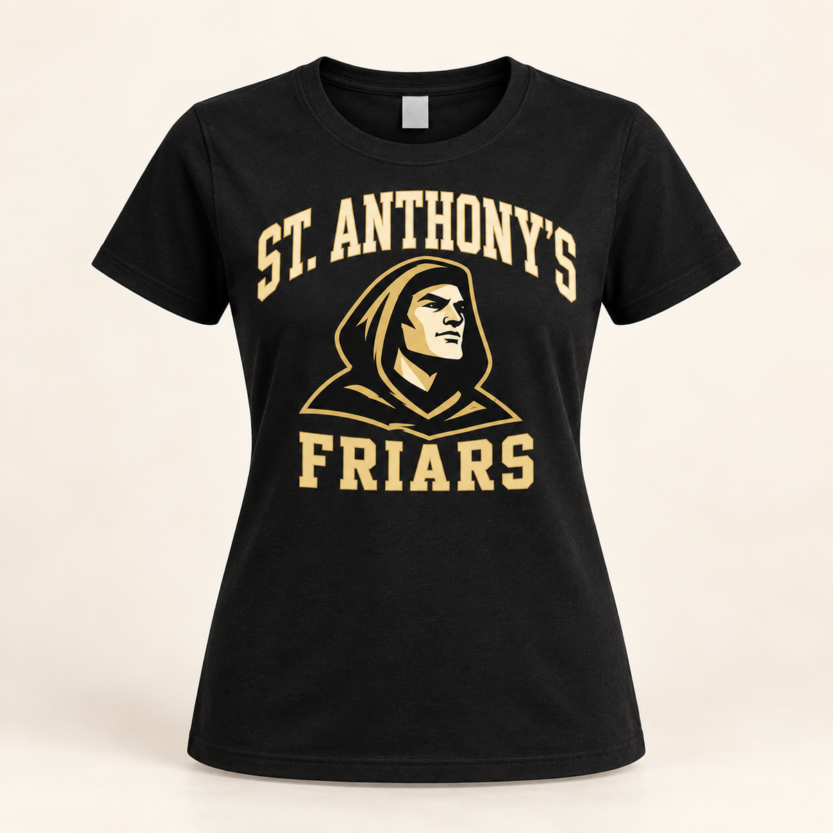 St. Anthony's Women's Varsity Friar T-Shirt in Black — front view, independent Friars fan gear by 47 Swag Co