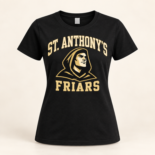 St. Anthony's Women's Varsity Friar T-Shirt in Black — front view, independent Friars fan gear by 47 Swag Co