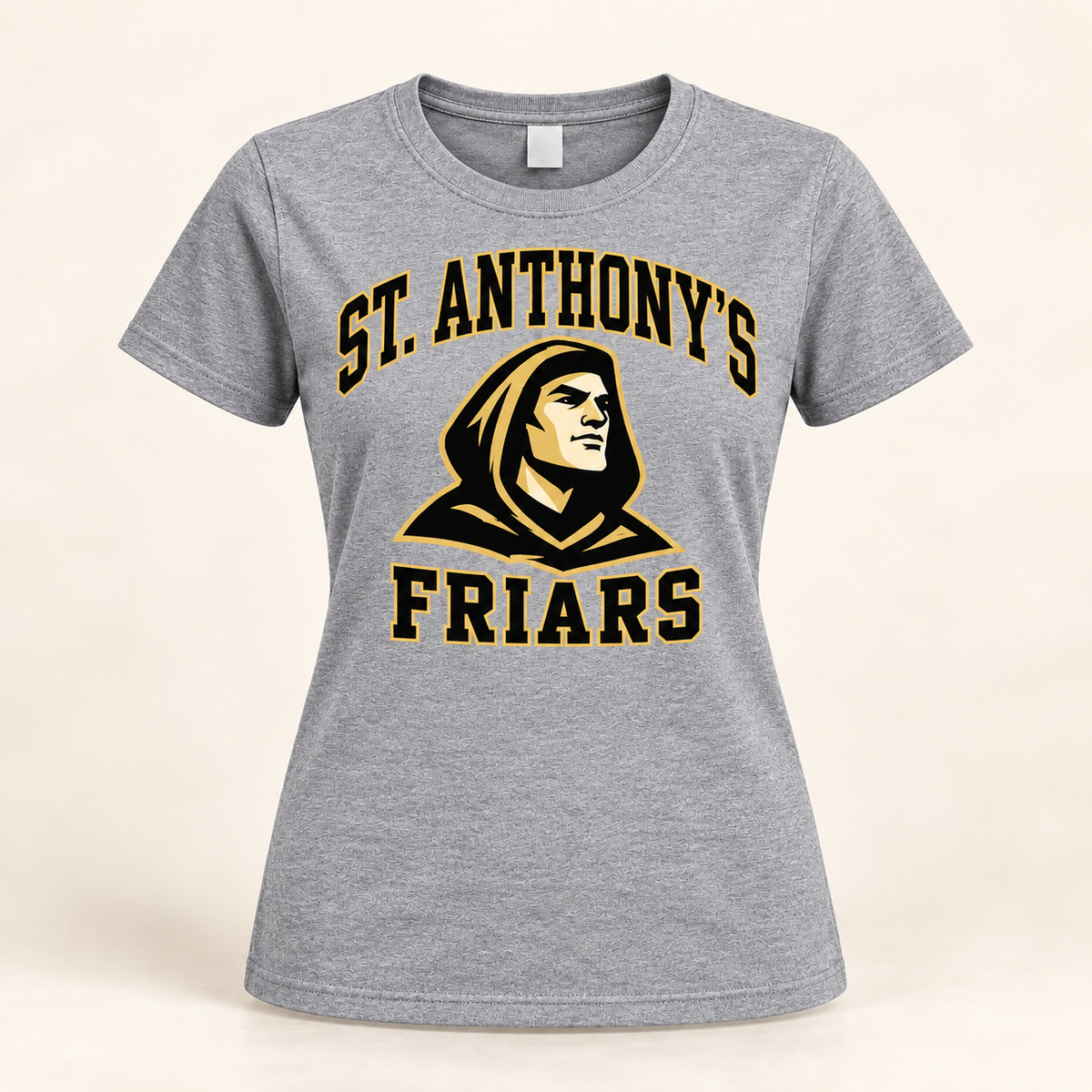 St. Anthony's Women's Varsity Friar T-Shirt in Heather Gray — front view, independent Friars fan gear by 47 Swag Co