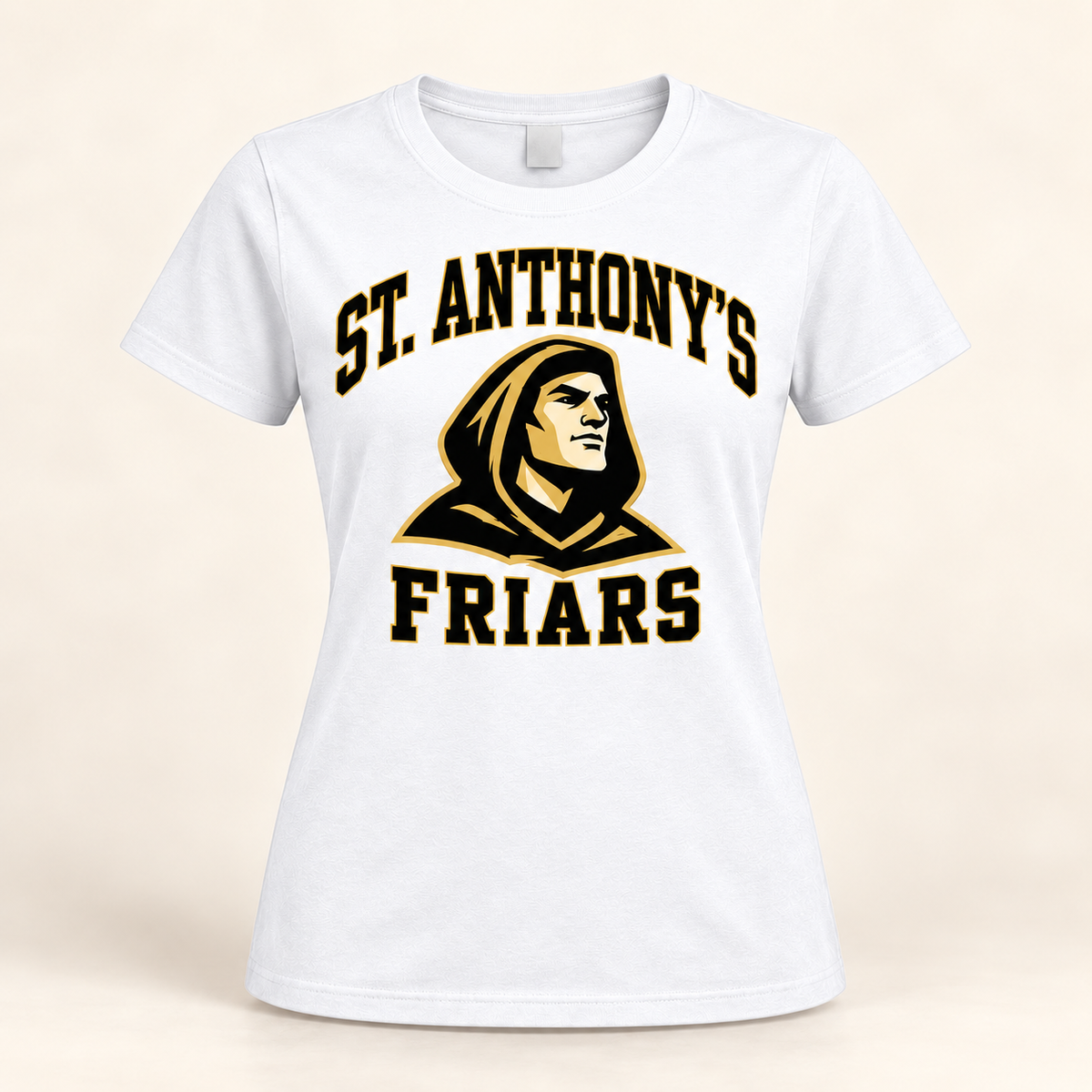 St. Anthony's Women's Varsity Friar T-Shirt in White — front view, independent Friars fan gear by 47 Swag Co