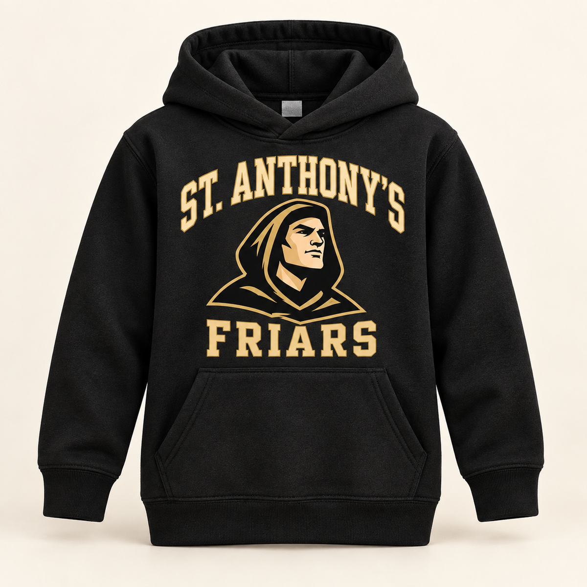St. Anthony's Youth Varsity Friar Hoodie in Black — front view, independent Friars fan gear by 47 Swag Co