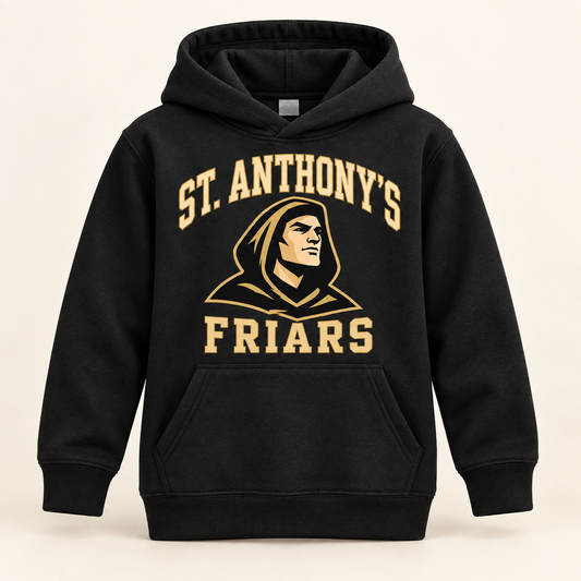 St. Anthony's Youth Varsity Friar Hoodie in Black — front view, independent Friars fan gear by 47 Swag Co