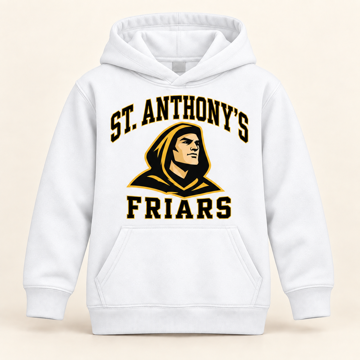 St. Anthony's Youth Varsity Friar Hoodie in White — front view, independent Friars fan gear by 47 Swag Co