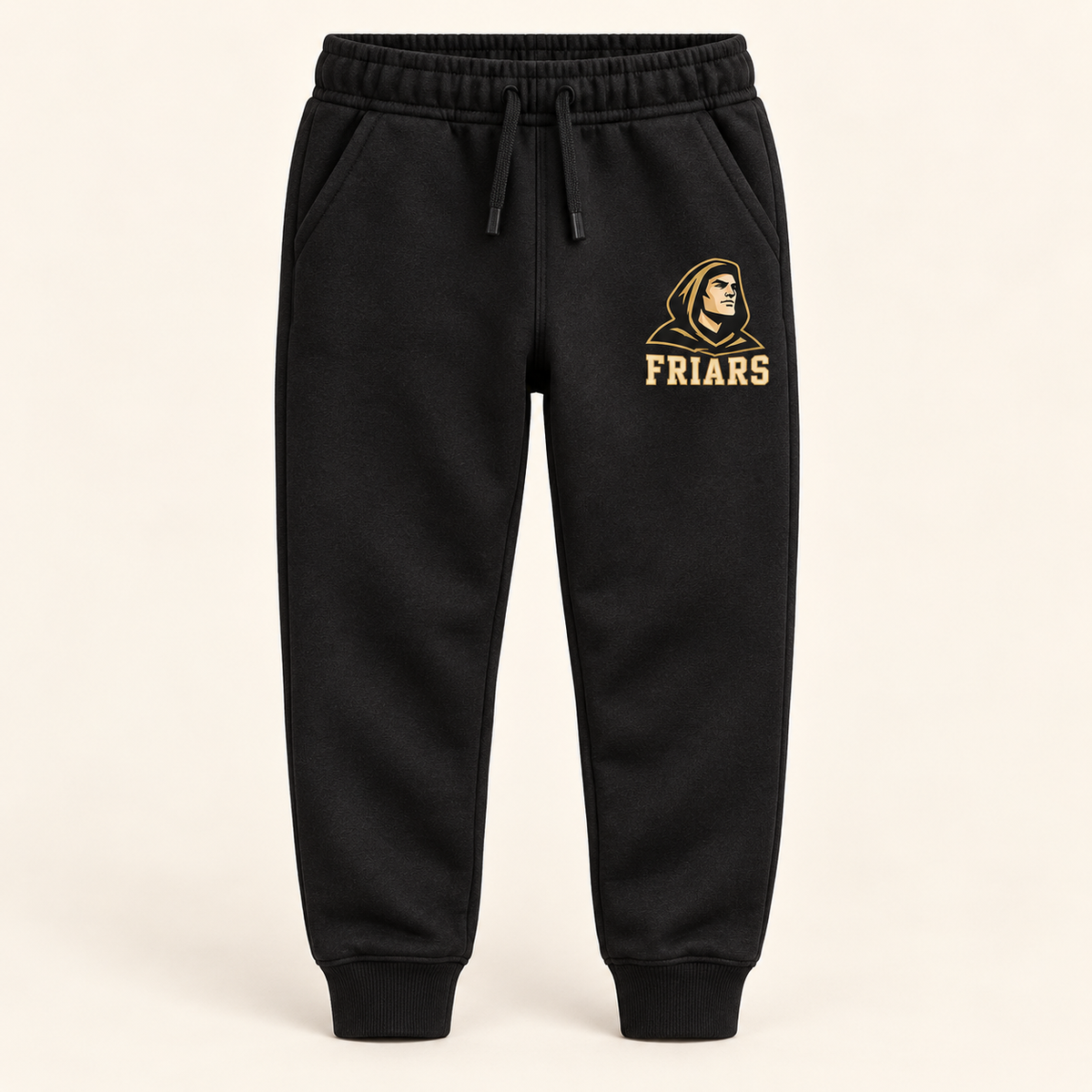 St. Anthony's Youth Varsity Friar Fleece Joggers in Black — front view, independent Friars fan gear by 47 Swag Co