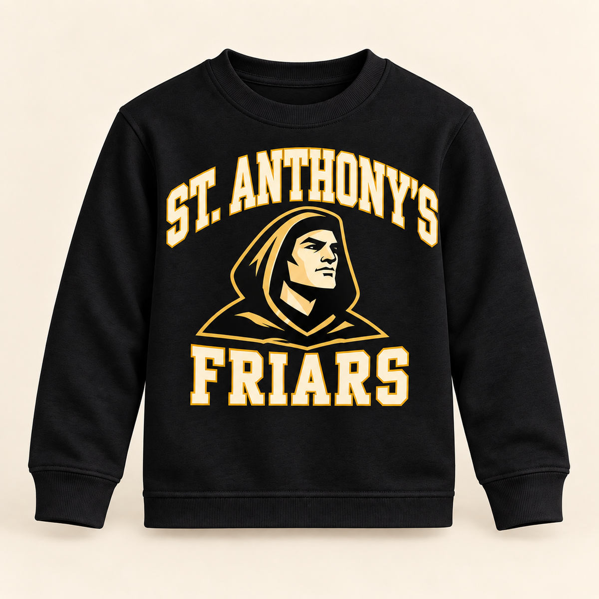 St. Anthony's Youth Varsity Friar Long-Sleeve Shirt in Black — front view, independent Friars fan gear by 47 Swag Co