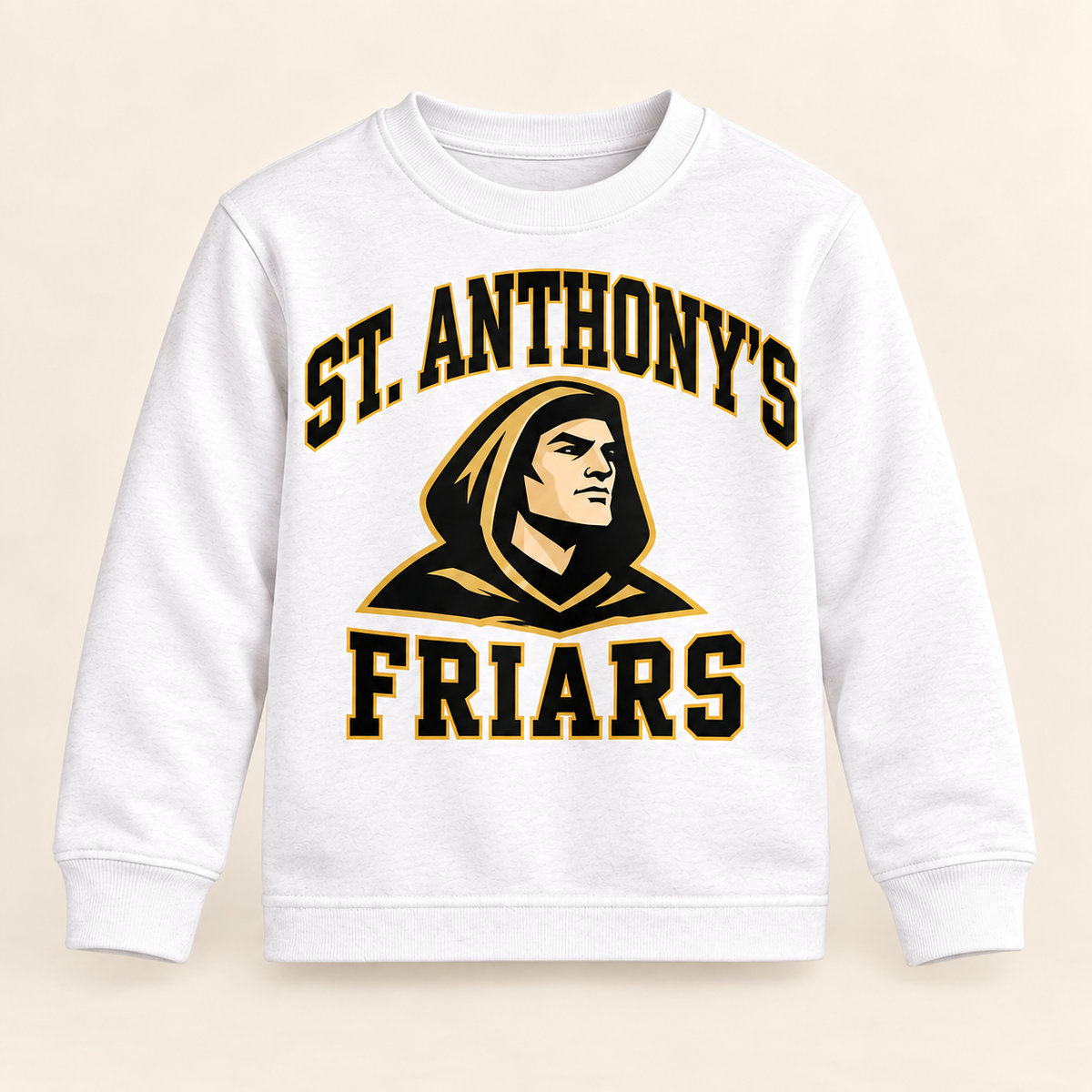 St. Anthony's Youth Varsity Friar Long-Sleeve Shirt in White — front view, independent Friars fan gear by 47 Swag Co