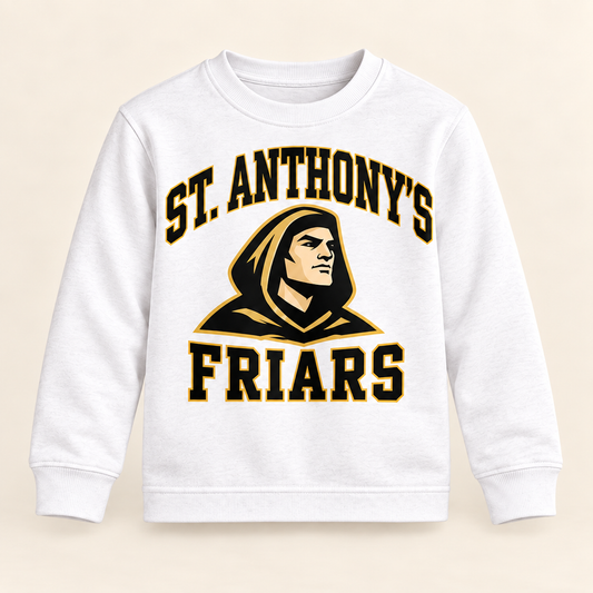 St. Anthony's Youth Varsity Friar Long-Sleeve Shirt in White — front view, independent Friars fan gear by 47 Swag Co