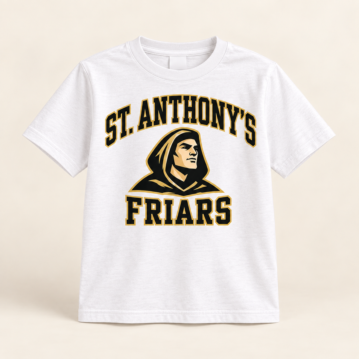 St. Anthony's Youth Varsity Friar T-Shirt in White — front view, independent Friars fan gear by 47 Swag Co