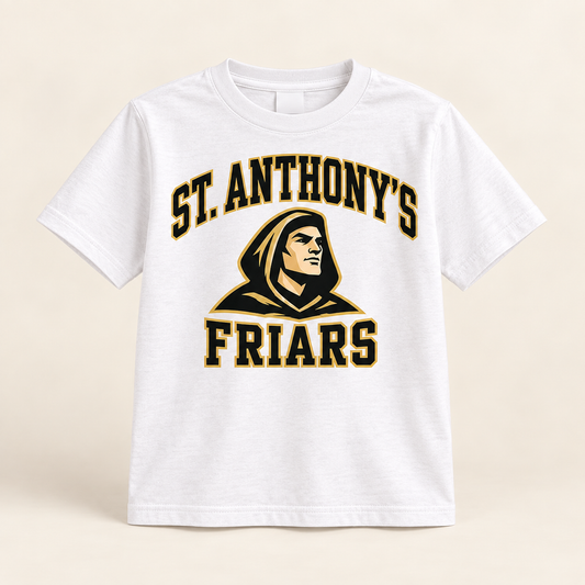 St. Anthony's Youth Varsity Friar T-Shirt in White — front view, independent Friars fan gear by 47 Swag Co
