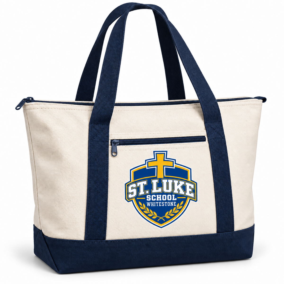St. Luke School Canvas Double-Zip Tote in Natural / Navy