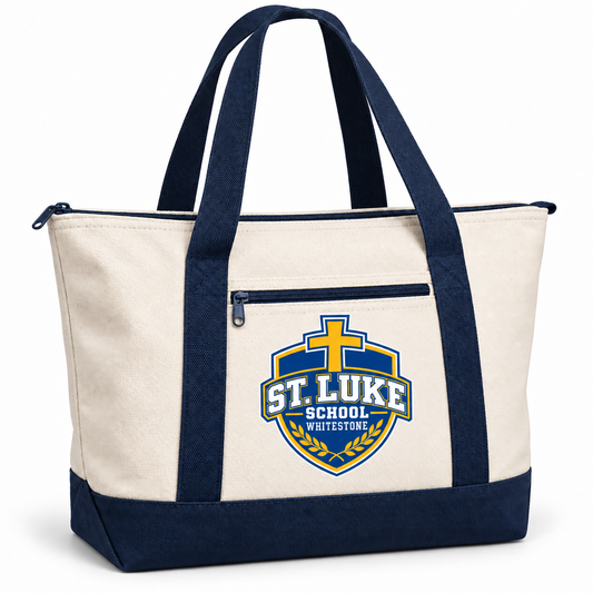 St. Luke School Canvas Double-Zip Tote in Natural / Navy
