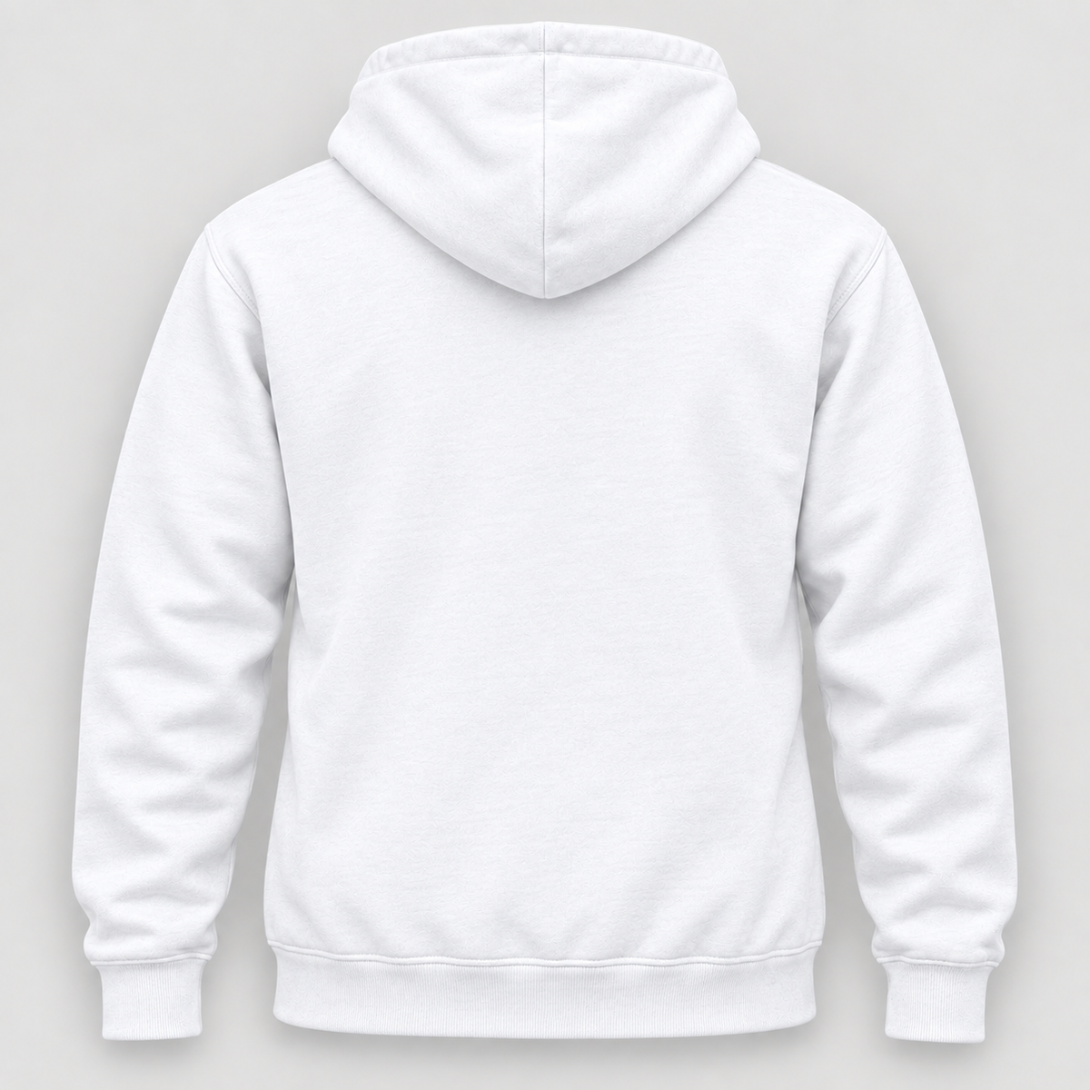 Plain white pullover hoodie back with hood resting down and ribbed cuffs and bottom hem; no back print