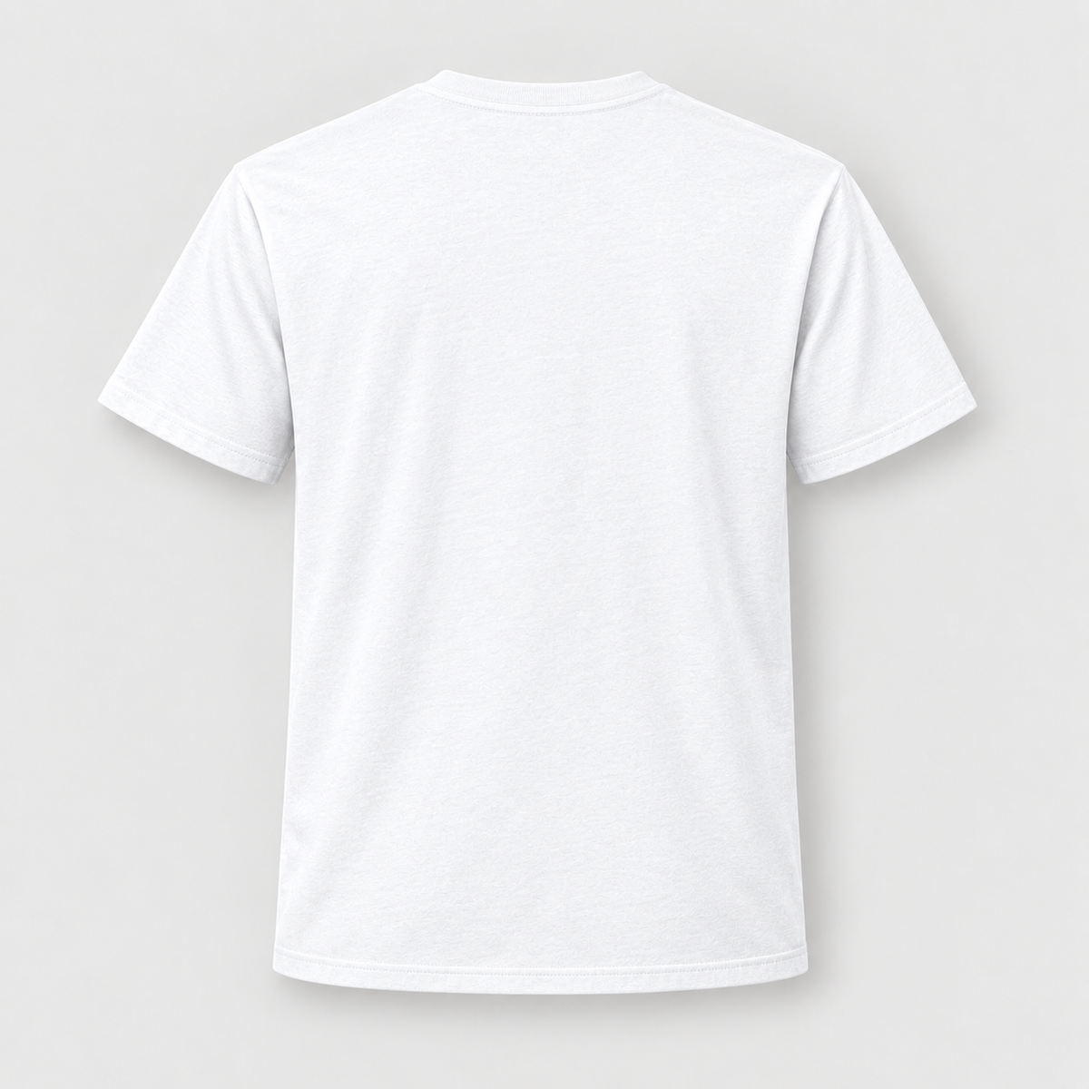 Plain white short-sleeve crewneck T-shirt back with a straight stitched hem; no back print