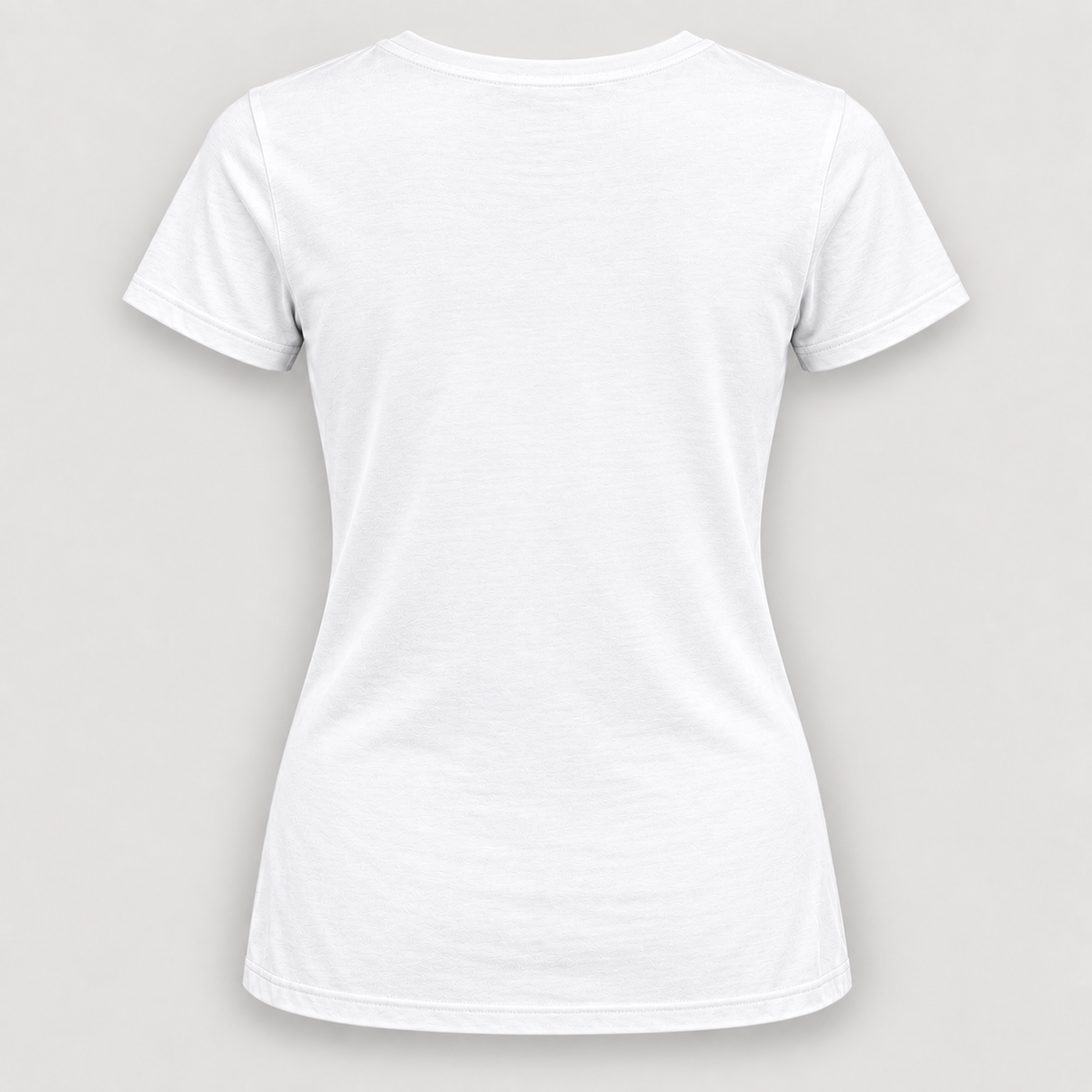 Plain white women's full-length V-neck tee back showing the rounded rear neckline and shaped sides; no back print