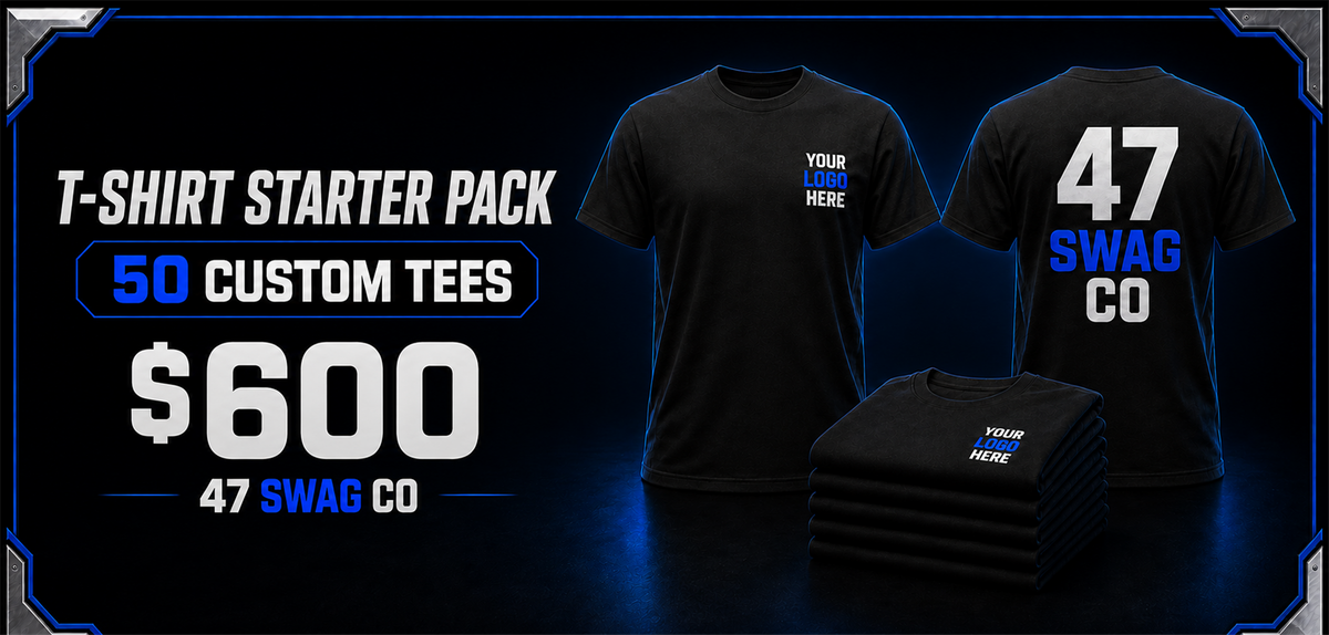 50 Custom Tees — $600 wide desktop hero