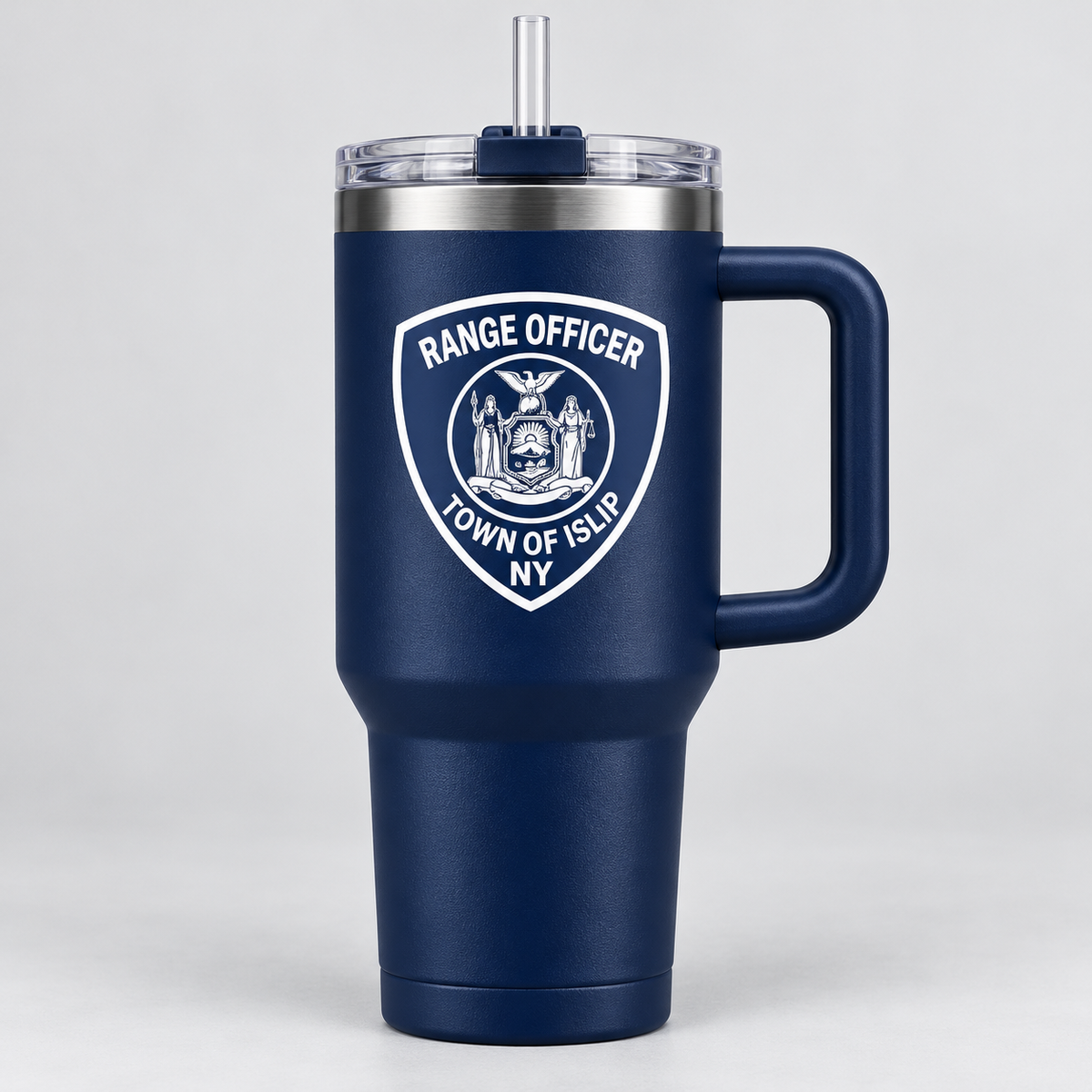 Town of Islip Range Officer 40 oz Handled Shield Tumbler - Navy / white print shield design