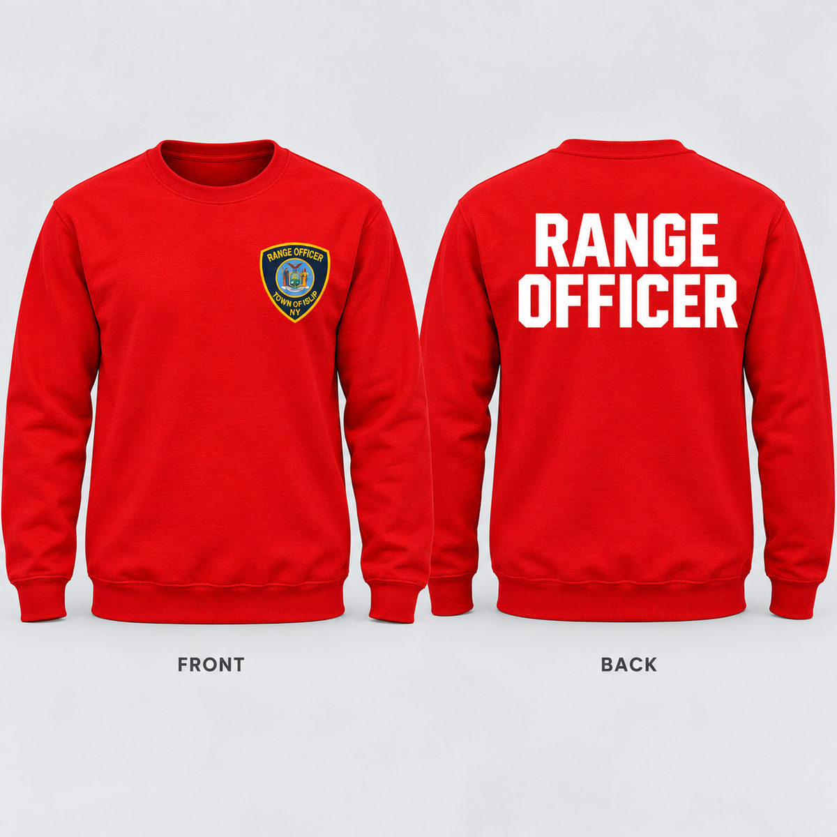 Town of Islip Range Officer Crewneck Sweatshirt - Red — front and back