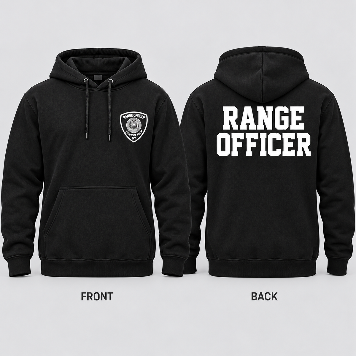 Town of Islip Range Officer Independent Trading Heavyweight Hoodie - Black — front and back
