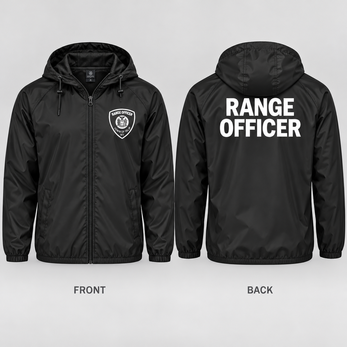 Town of Islip Range Officer Independent Trading Full-Zip Windbreaker - Black front and back