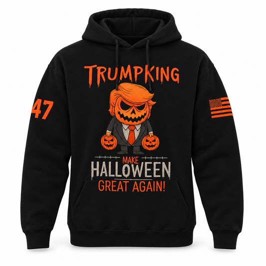 TRUMPKING: Make Halloween Great Again – Patriotic Pumpkin Trump Hoodie — studio product view