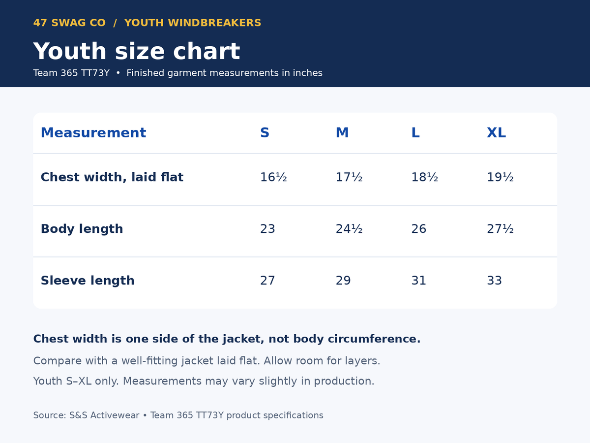Team 365 TT73Y youth S M L XL windbreaker size chart in inches