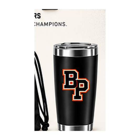 Babylon Panthers black 20 oz tumbler with orange and white BP monogram