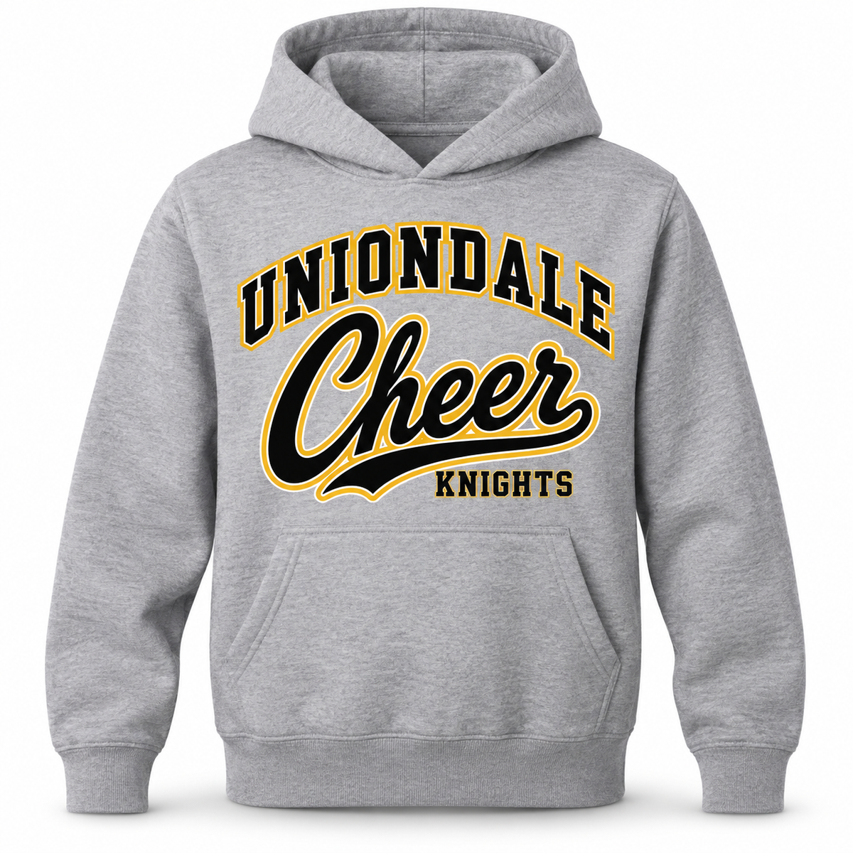 Uniondale Knights Youth Cheer Script Hoodie in Heather Gray