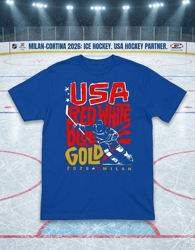 Red, White, Blue &amp; Gold" 2026 Milan Commemorative Hockey T-Shirt