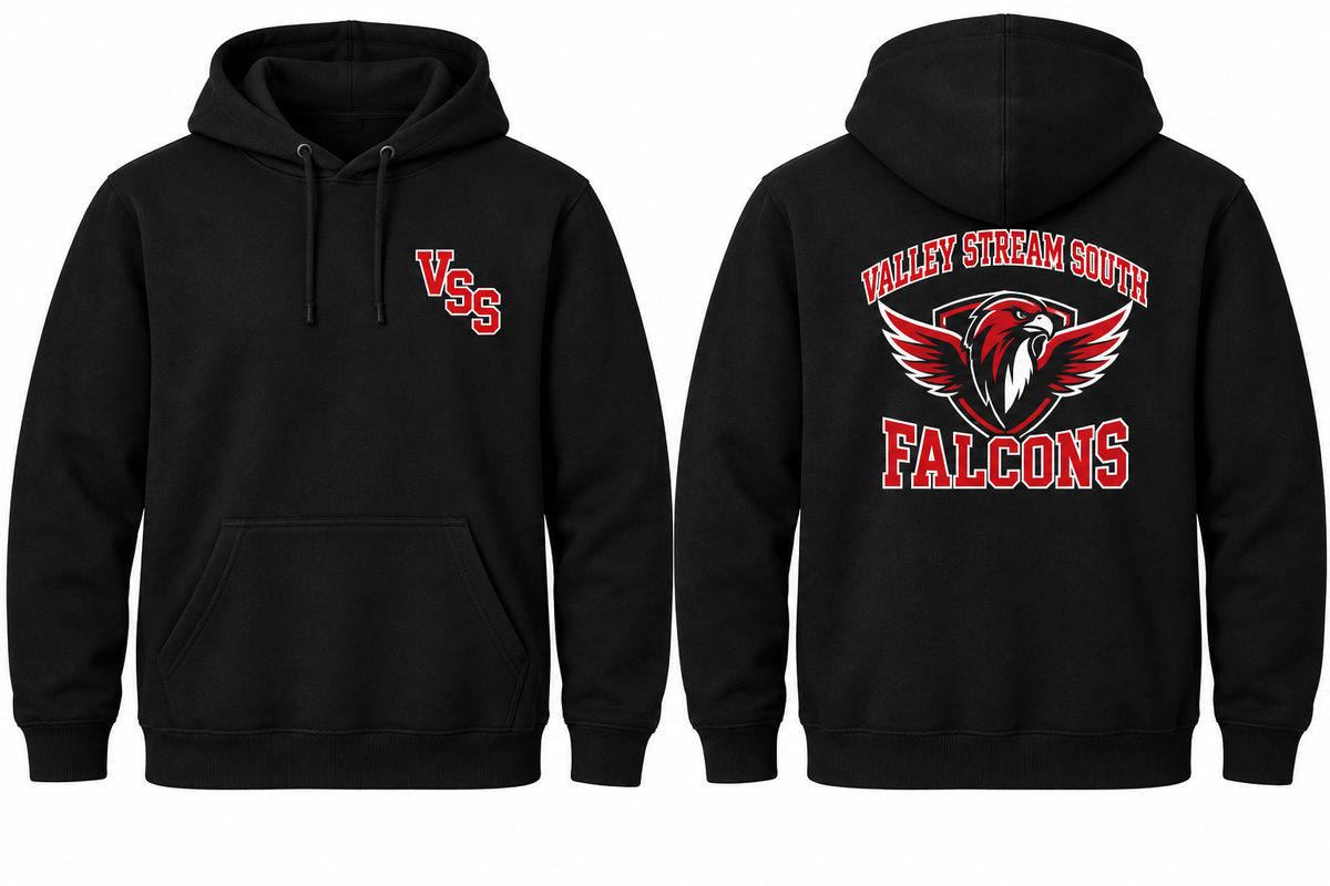 VALLEY STREAM SOUTH FALCONS black hoodie front and back