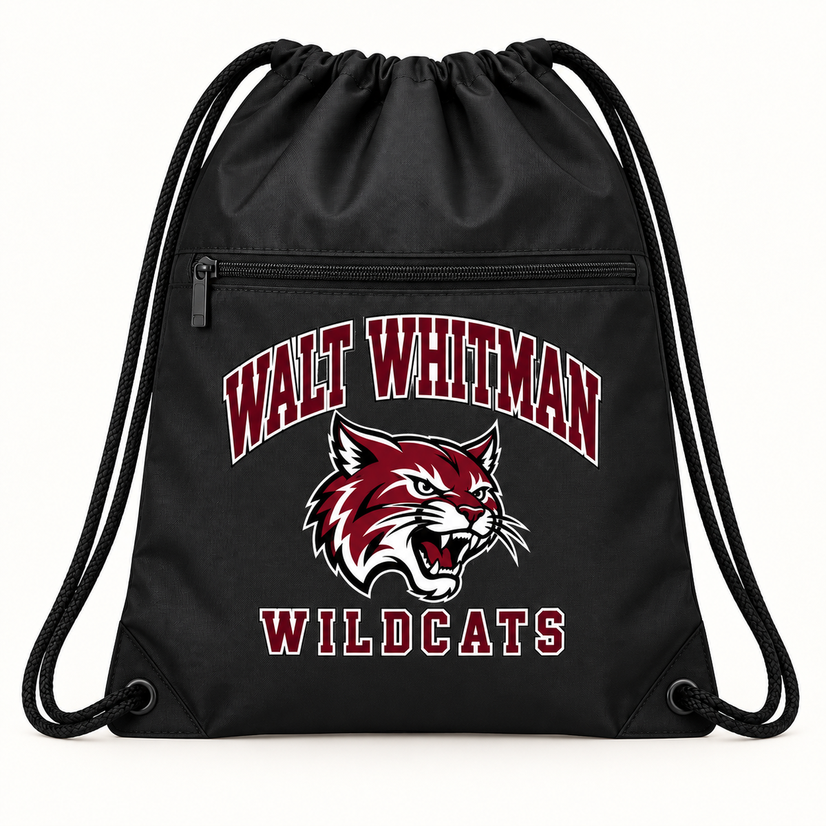 Walt Whitman Wildcats Campus Polyester Zip-Pocket Drawstring Backpack — Black