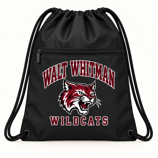 Walt Whitman Wildcats Campus Polyester Zip-Pocket Drawstring Backpack — Black