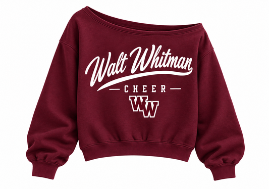 Walt Whitman Cheer Women's Heritage Script Off-Shoulder Crop Sweatshirt in Maroon