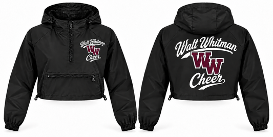 Walt Whitman Cheer Women's Script Crop Windbreaker - Front & Back in Black