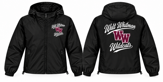 Walt Whitman Wildcats black full-zip windbreaker front and back