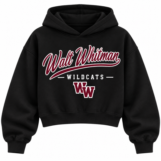 Walt Whitman Wildcats black cropped hoodie with heritage school script and varsity monogram on front