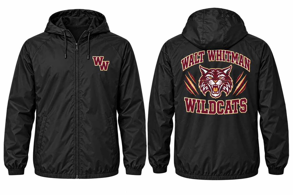 Walt Whitman Varsity Windbreaker — Black front and back