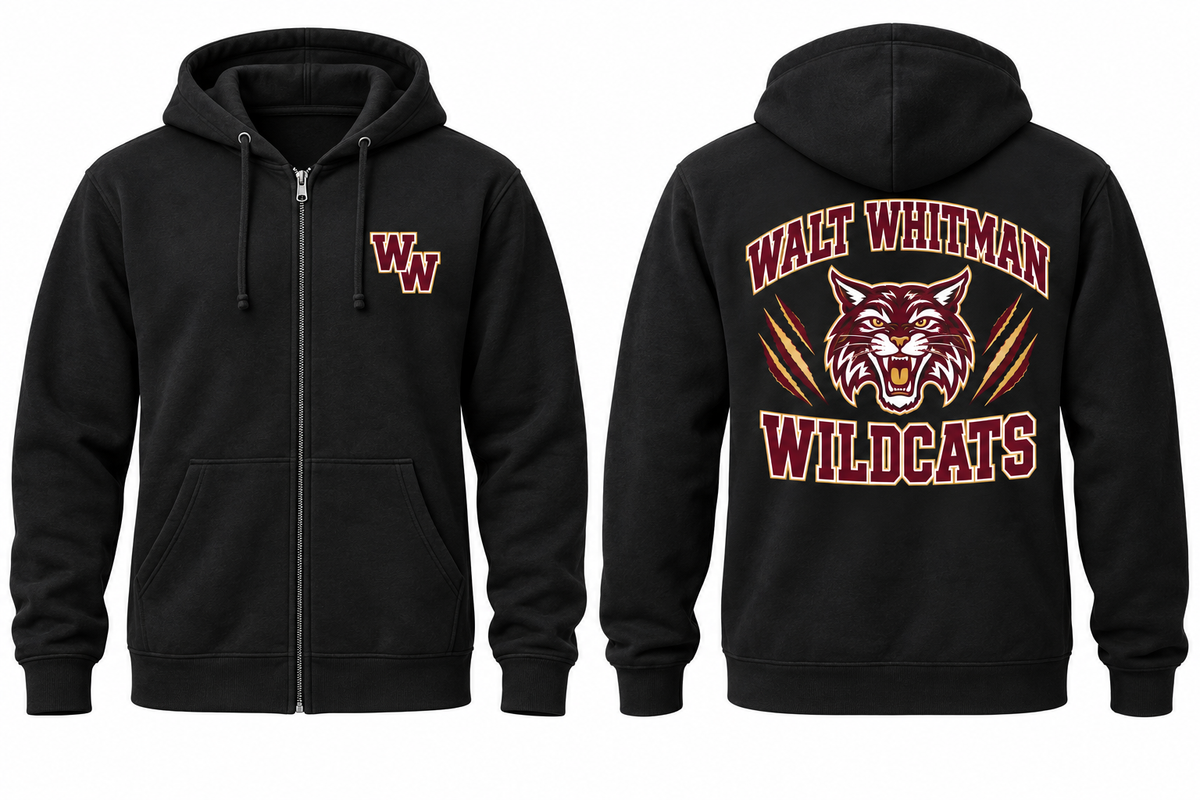 Walt Whitman Varsity Zip-Up Hoodie — Black front and back