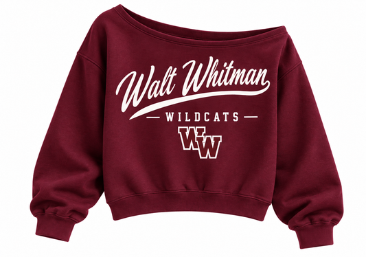 Walt Whitman Wildcats Women's Heritage Script Off-Shoulder Crop Sweatshirt in Maroon