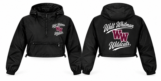Walt Whitman Wildcats Women's Script Crop Windbreaker - Front & Back in Black