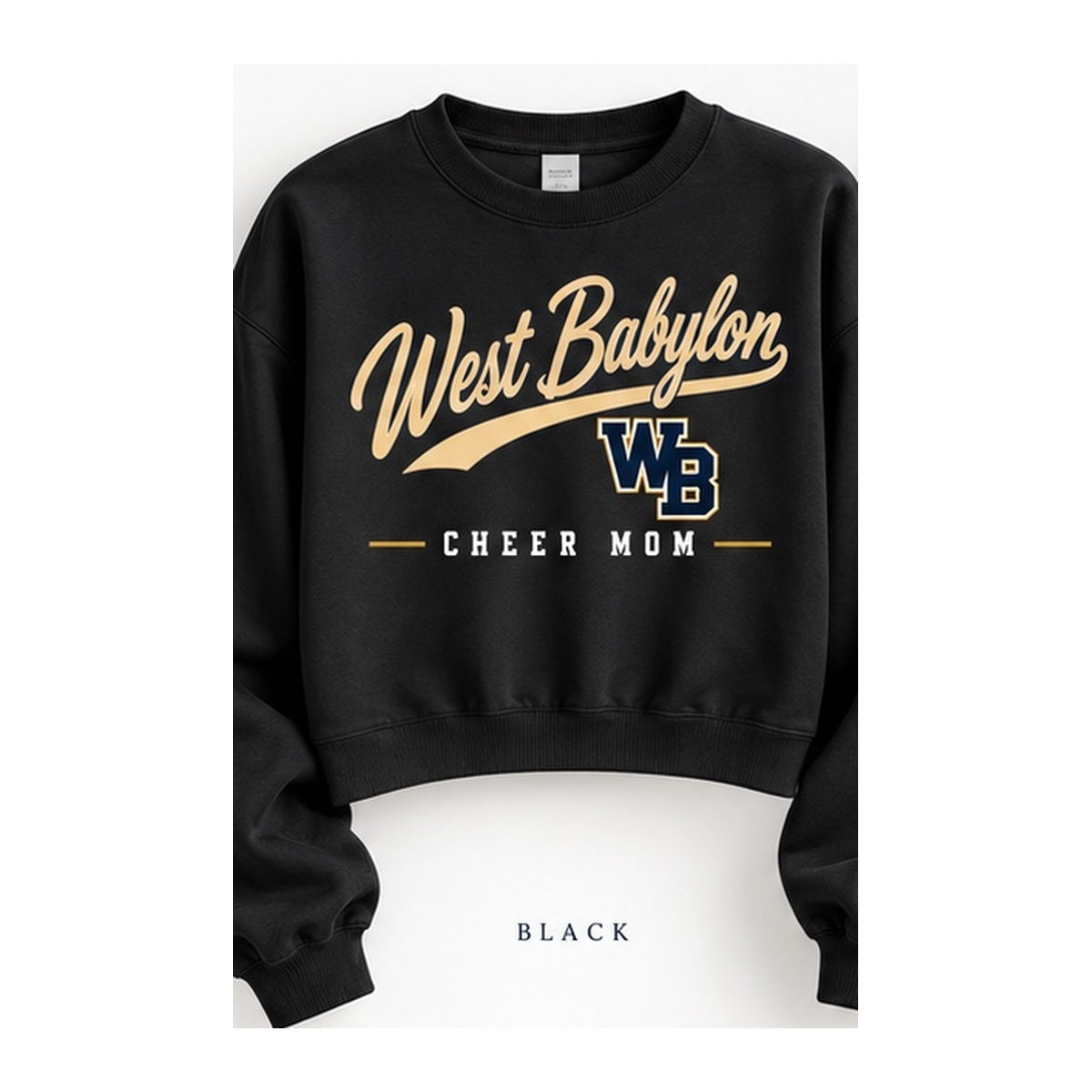 West Babylon Cheer Mom heritage script cropped crewneck in black