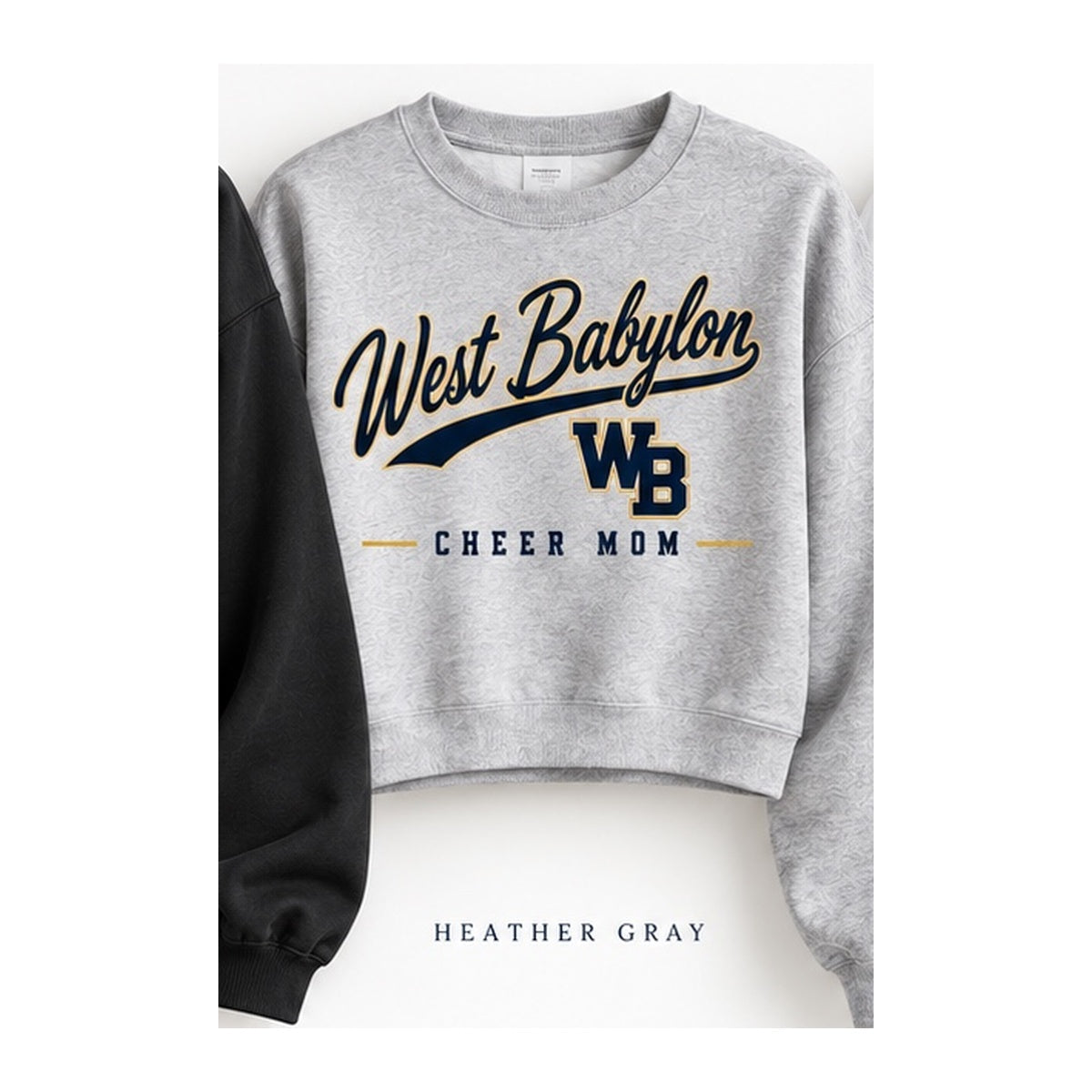 West Babylon Cheer Mom heritage script cropped crewneck in heather gray