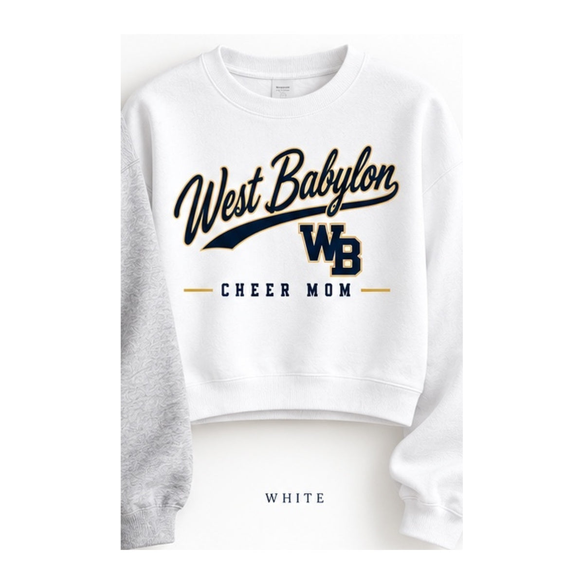 West Babylon Cheer Mom heritage script cropped crewneck in white