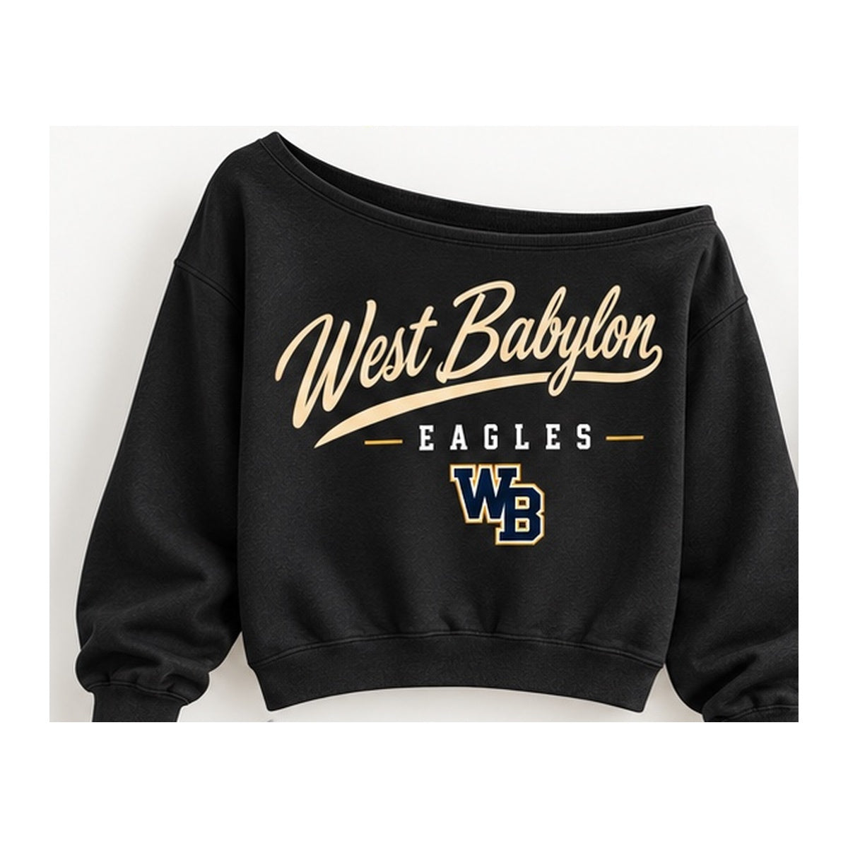 West Babylon Eagles heritage script off-shoulder sweatshirt in black