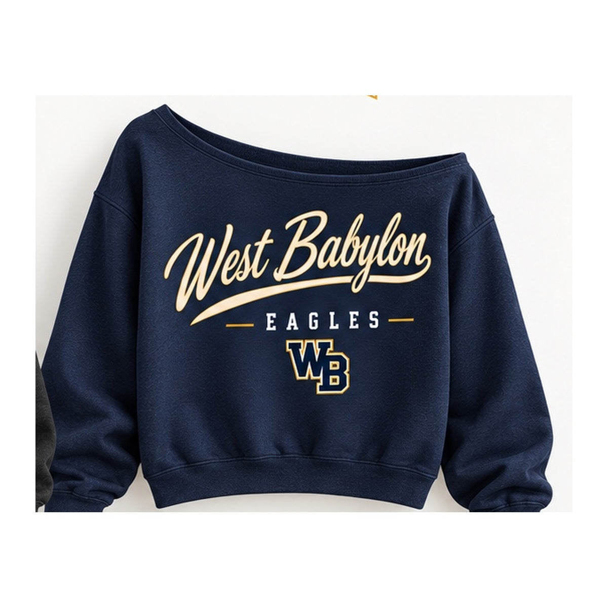 West Babylon Eagles heritage script off-shoulder sweatshirt in navy