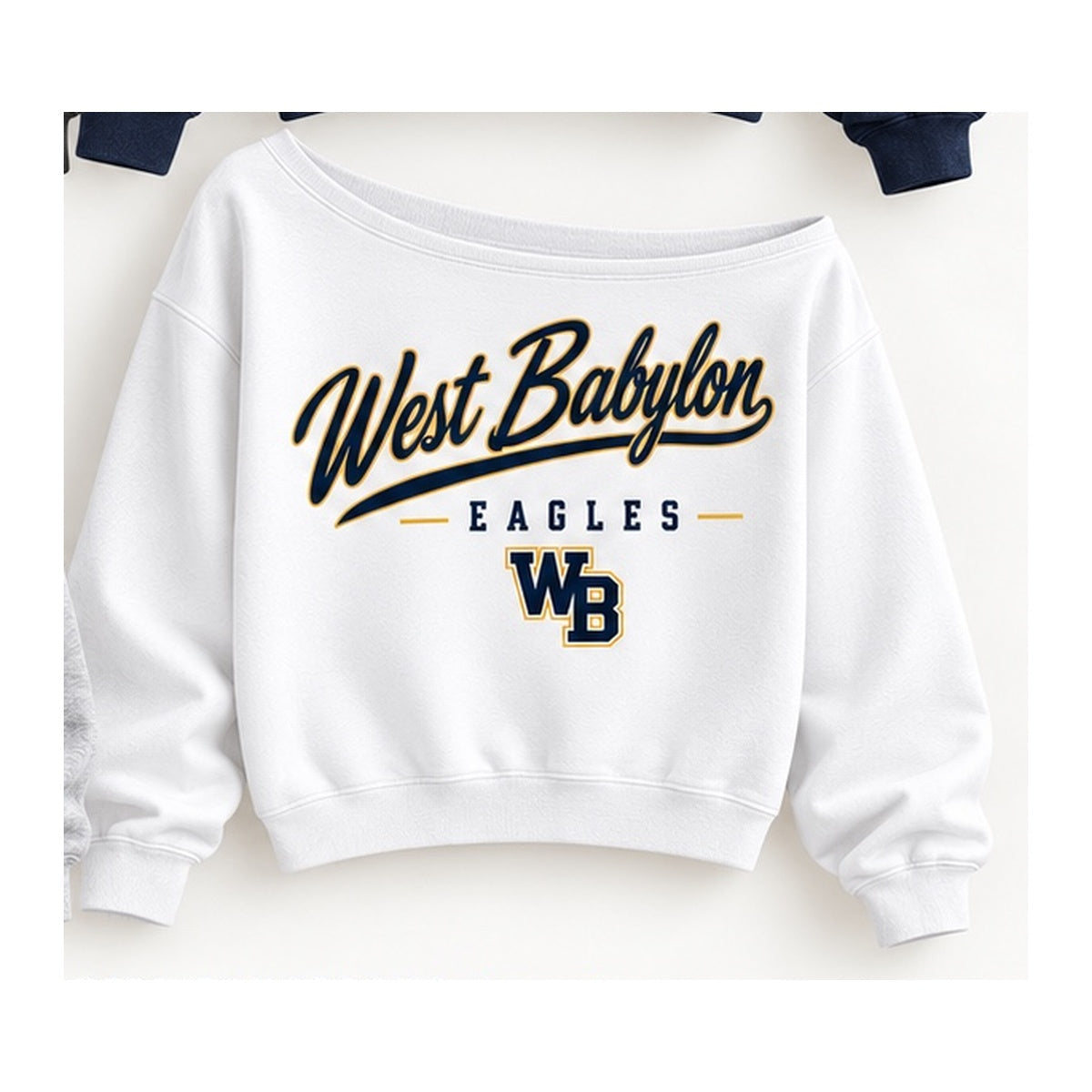 West Babylon Eagles heritage script off-shoulder sweatshirt in white