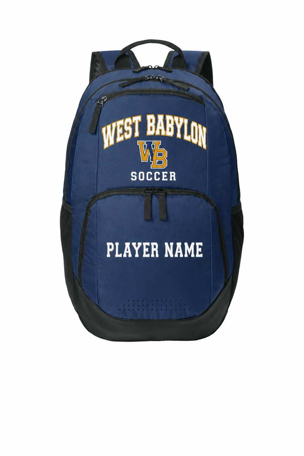 West Babylon Eagles Soccer Heritage Varsity Sport-Tek BST200 Personalized Backpack in Navy