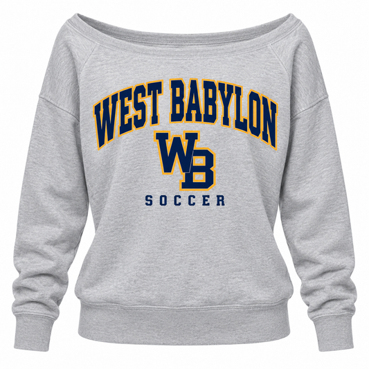 West Babylon Eagles Soccer Heritage Varsity Women's Off-Shoulder Sweatshirt in Heather Gray