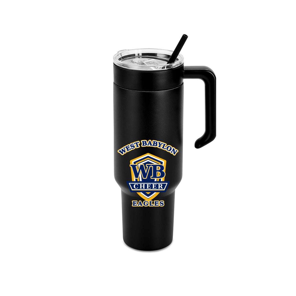 Black West Babylon Eagles Cheer 40 oz handled tumbler with lid and matching straw