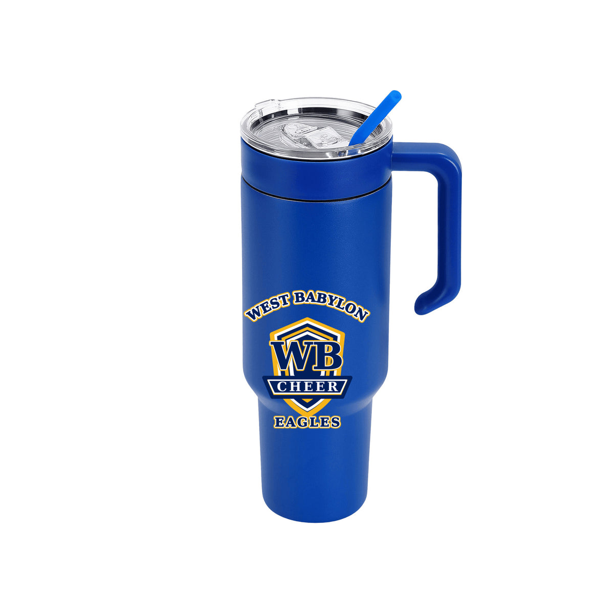 Blue West Babylon Eagles Cheer 40 oz handled tumbler with lid and matching straw