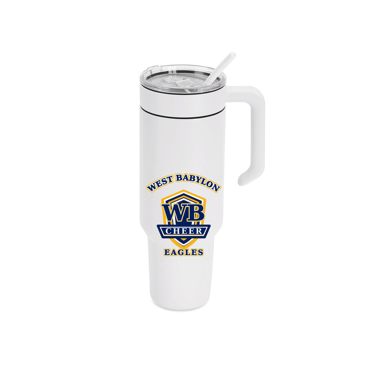 White West Babylon Eagles Cheer 40 oz handled tumbler with lid and matching straw